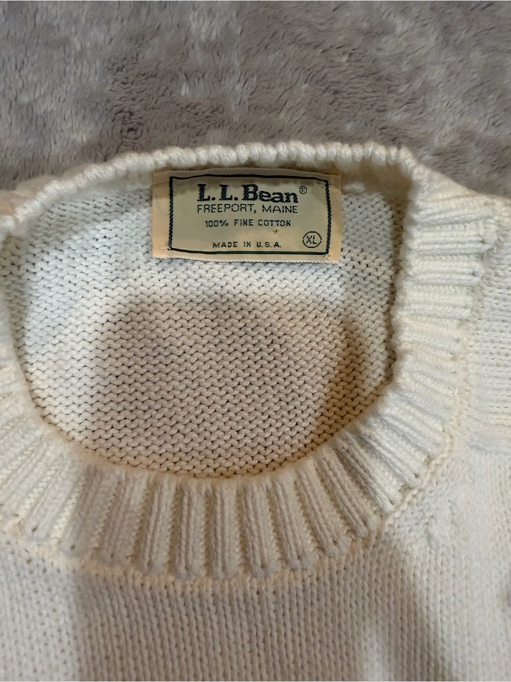 L.L. Bean Men's Cream Cotton Crewneck Sweater - Ribbed Collar
